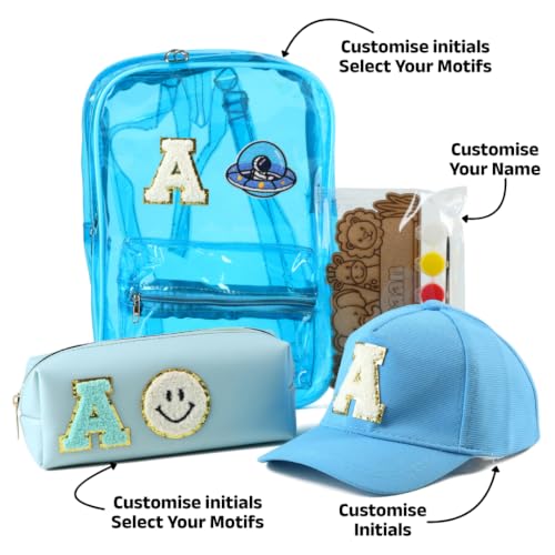 Image of AICA Gifts Personalized Kids Backpack, Pencil Pouch & Cap Combo | Name Embroidered Letters & Patch PVC Bag | Waterproof School Set with DIY Colouring Kit for Boys & Girls 2-10 Years (Babyblue)