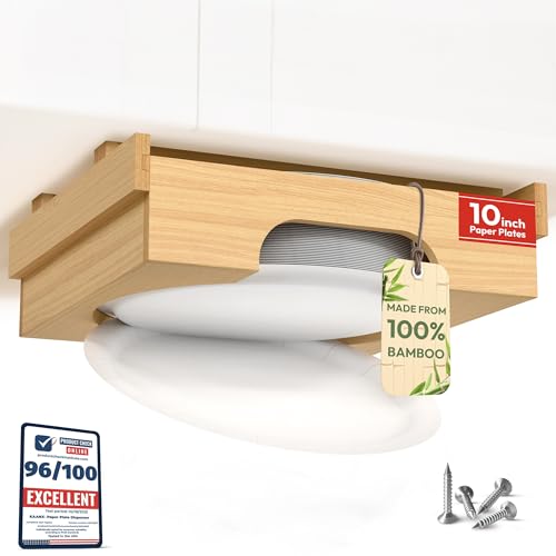 KAANX 10 inch Paper Plate Dispenser Holder Bamboo Under Cabinet Vertical Rack for Kitchen Countertop Organizer Space Saver Shelf Lid Holder Counter Storage Can Dispenser Pantry Aid Caddy Estante wood