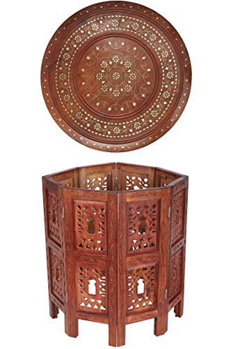Marokkanischer Tisch Beistelltisch aus Holz Caglanur Braun ø 45cm groß rund | Orientalischer runder Hocker Blumenhocker… – Bild 8