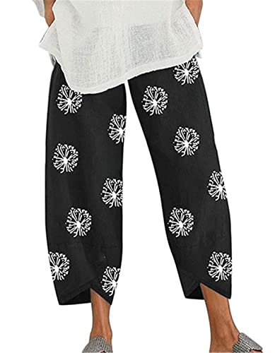 MAYW Womens Capri Dandelion Printed Pants for Summer Beach,Elastic Waist Cropped Pants,Casual Crop Linen Pull On Wide Leg Harem Trousers,Loose Fit Comfy Pajama Yoga Workout Fitness Full-Length Pants