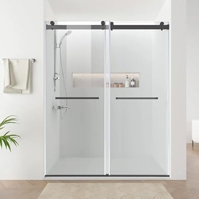 56-60" W x 76" H Frameless Sliding Shower Door, Adjustable Width Glass Shower Door, Soft-Close, 5/16" (8mm) Clear Tempered Glass with Explosion-Proof Film (Matte Black, 60" W x 76" H)