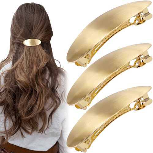 CustomyLife 3pcs French Metal Oval Barrettes, Gold Large French Hair Clip for Women, Non-Slip Vintage Brushed Hair Accessories for Long Short Curly Straight Thick Thin Hairstyles