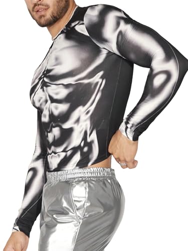 WDIRARA Men's 3D Body Print Crop Top Long Sleeve Muscle T Shirt Party Club Rave Clothes3