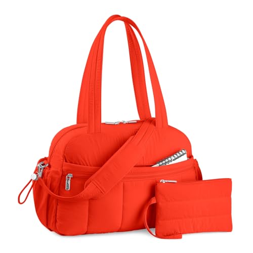 TOPDesign Travel Duffel Bag for Women, Puffer Gym Bag Sports Tote with Wet Pocket, Carry On Weekender with Luggage Sleeve (Red Orange)