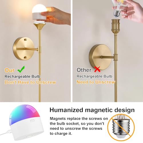 Image of Vintage Battery Operated Wall Sconce Set of 2, Clear Tulip Glass Lampshade Wireless 5300 mAh Rechargeable Battery Powered LED Wall Light with Remote Dimmable for Bedroom Bathroom Living Room
