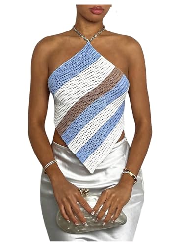 MakeMeChic Women's Crochet Striped Halter Tops...