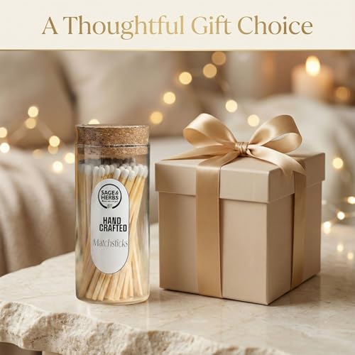 Image of Sage & Herbs Long 65 White Matchsticks in a Borosilicated Cork Jar with Striker| for Fireplace, Kitchen, Home Temple | Extra Long Burn Time Matchsticks | Matchbox Aesthetic