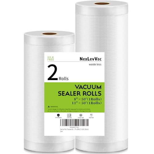 NexLevVac Vacuum Sealer Bags Rolls 2 Pack 8"x50'(1Rolls) and 11"x50'(1Rolls) Durable Commercial Customized Size Bags Rolls,BPA Free,food saver bags rolls for Sous Vide Cooking, Storage, Meal Prep
