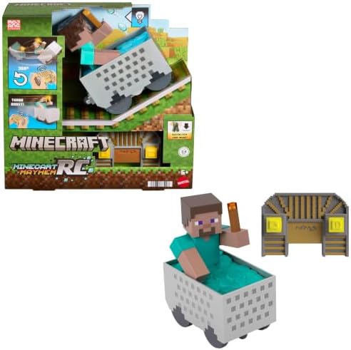 Mattel Minecraft Minecart RC mit Steve | Ferngesteuertes Fahrzeug mit Wheelie-Stunt, Turbo-Boost, Lampe und Pixel-Design, JMT40