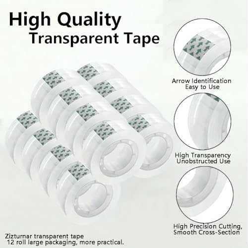 Zizlurnar 12 Rolls Transparent Tape Refills Rolls, Clear Tape, 1 in Core, 3/4 x 1000 in, Gift Packaging Tape Refill Roll for Office, Home, School