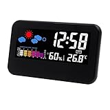 Hippih Weather Station Digital Desk Alarm Clock with USB Charging/Battery Operated/LED Night Light/Temperature/Humidity/Date (Black)