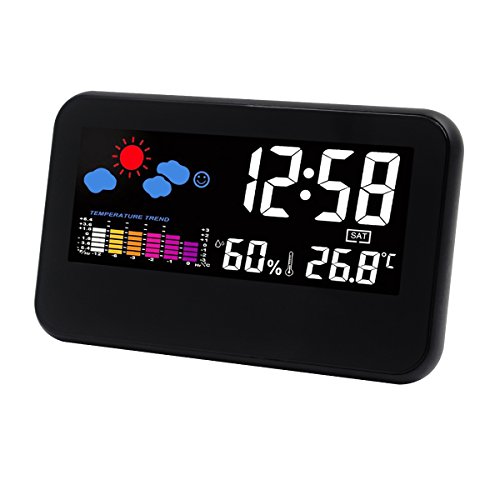 Hippih Weather Station Digital Desk Alarm Clock with USB Charging/Battery Operated/LED Night Light/Temperature/Humidity/Date (Black)