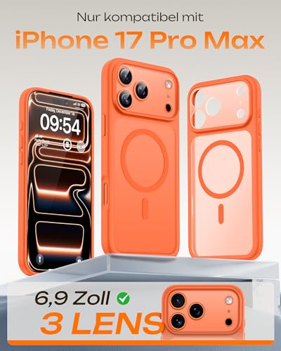 TOCOL für iPhone 17 Pro Max Hülle für MagSafe, Vollständiger Kameraschutz, Eingebauter Magnetring, Stoßfest Kratzfest Transluzente Matt Handyhülle für iPhone 17 Pro Max Case 6,9 Zoll, Orange 2