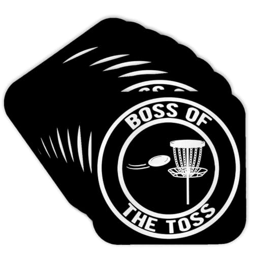Set of 8 Coasters - Soft - Boss of The Toss in a Circle with disc Golf Basket and disc on Black. Stamp City - Typography - disc Golf
