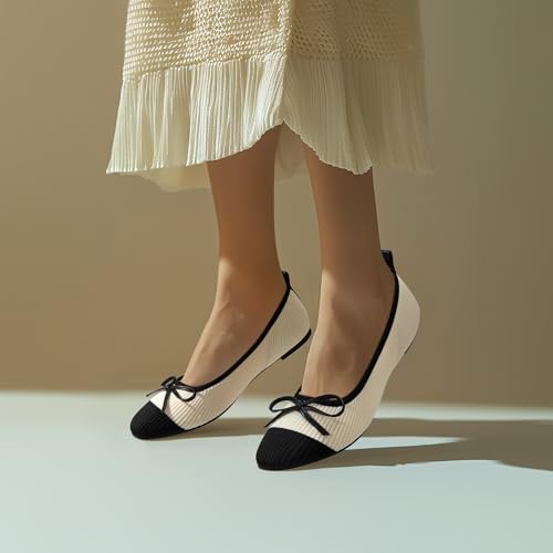Ballet Flats for Women | Knit Square Toe Slip on Flats | Two-Tone Bowknot Shoes4