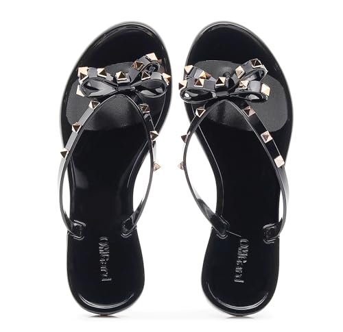 Image of Studded Jelly Shoes for Womens Bow Flip Flops Jellies Sandals Flat Black Summer Beach Thong with Rivets Strappy Slides Slip On