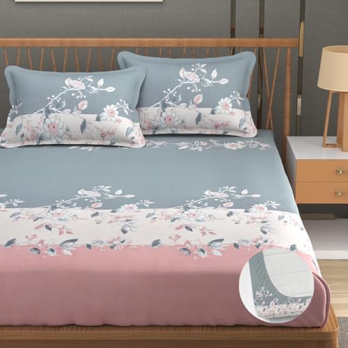 Image of Vram Premium Heavy Cotton Elastic Fitted Bedsheets with 2 King Size Pillow Covers || Double Bed with All Around Elastic 350 TC || 72 x 78 x 10 Inch King Size Fitted || :- Pink Tricolor