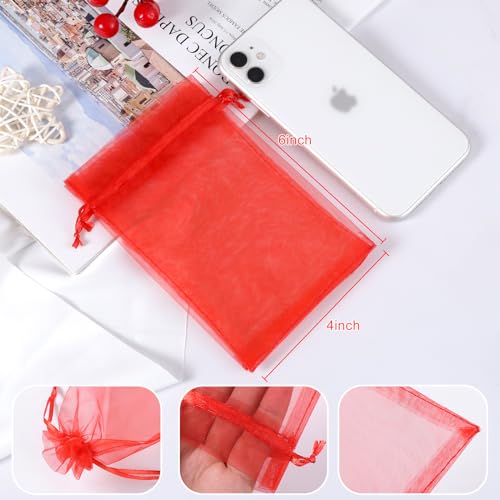 Image of Hopttreely 50pcs Organza Gift Bags, Red Jewelry Gift Bags, 4x6inch Wedding Favor Bags with Drawstring, Small Mesh Gift Pouches Mini Candy Bags for Valentienes Party
