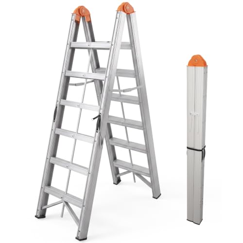 APARECIUM Aluminum Ladder, Foldable Twin Front A Frame 6-Step Ladder with Wide Anti-Slip Pedal...