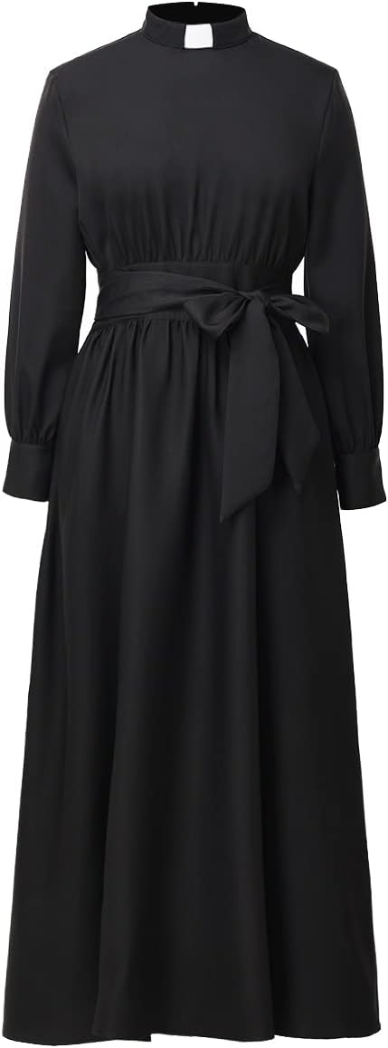 CAMDOM Clergy Dress for Women A Line Elegant Maxi Dress Long Sleeve Modest Church Dresses Priest Costume with Collar and Belt