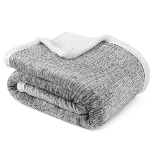 Premium Sherpa Melange Throw Blanket for Couch, Sofa by Pavilia | Soft, Fluffy, Plush, Warm, Cozy | Light Gray Fuzzy Lightweight Microfiber, Luxury Modern Reversible TV Blanket | 50 x 60 Inches