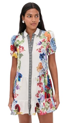 alice + olivia Women's Claire Tiered Mini Dress, Garden Brunch Off White, S