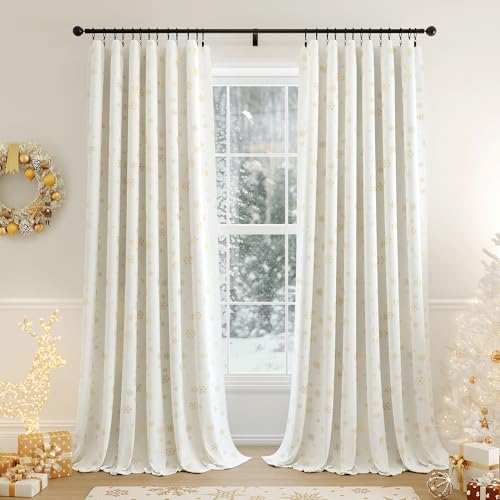 Image of Beauoop Christmas Cream Velvet Curtains 84 Inches Long 2 Panels for Bedroom Living Room Gold Snowflake Holiday Decor Thermal Insulated Room Darkening Rod Pocket Window Treatments Drapes, 52X84