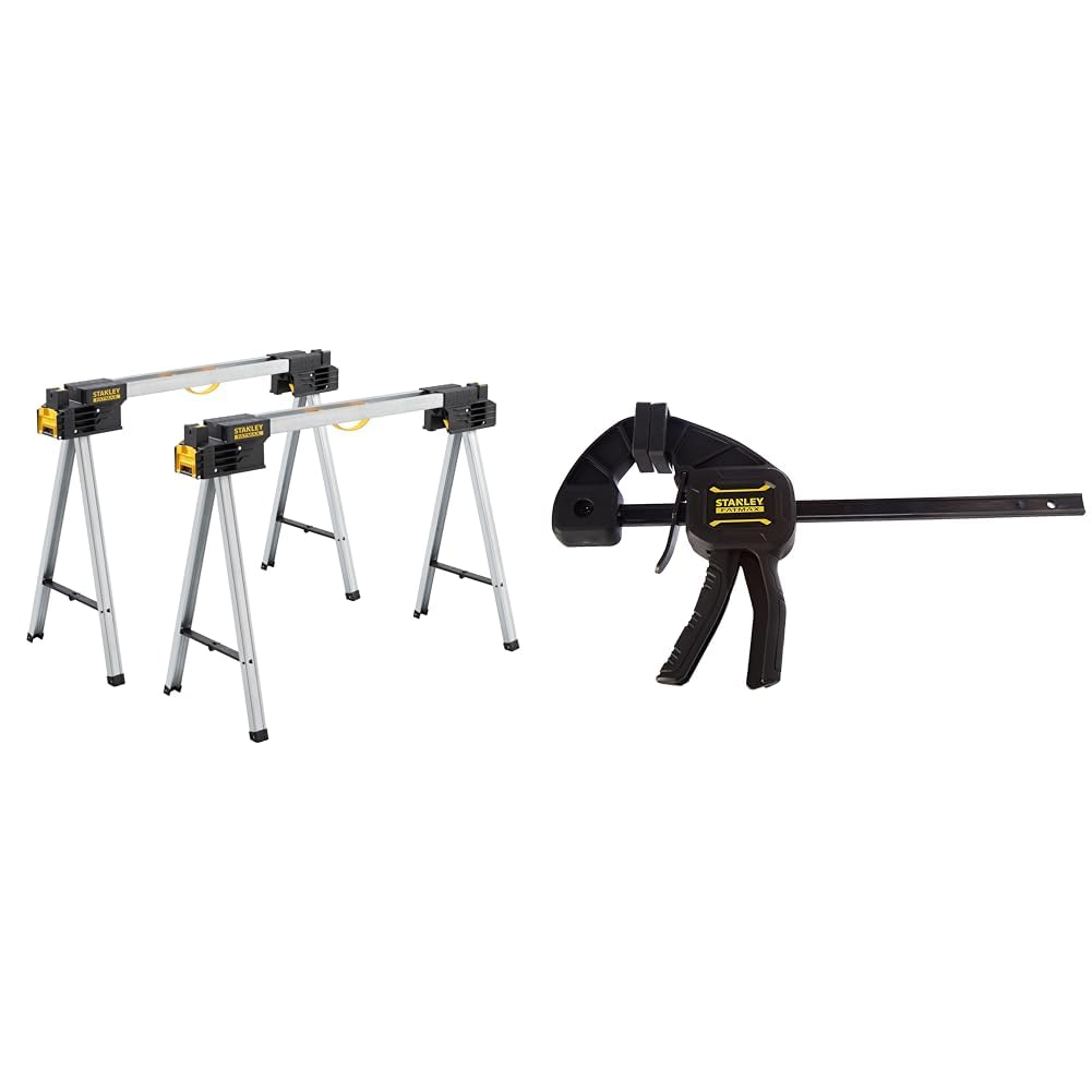 Stanley FatMax Unterstellböcke (aus Metall, mit klappbaren Metallbeinen, bis 900 kg belastbar, mit V-förmiger Nut, 2 Stück) FMST1-75763 & FatMax Einhandzwinge Medium FMHT0-83232