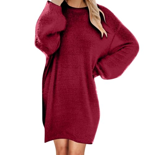 LIKEOULI Womens Sweater Dress Casual Long Sleeve Furry Plus Size Dress Winter Loose Fit Crew Neck Fuzzy Fleece Plush Dress, A013 Red, 5X-Large