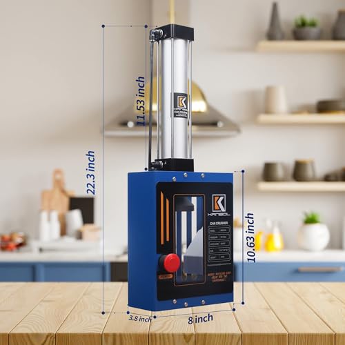 KANBOL Pneumatic Can Crusher, Fully Enclosed Air Powered Aluminum Can Crusher with Button Control for 12/16oz Soda & Beer Cans – Series 415A Family-Safe Wall Mounted Recycling Tool-Blue
