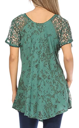 Image of Sakkas Ash Speckled Tiedye Embroidered Cap Sleeve Blouse Top with Embroidery Hems