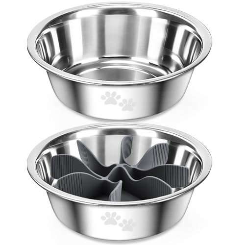 PETTOM 2 Ciotole per Cani in Acciaio Inox con Slow Feeder Inserire, 2-in-1 Ciotola per Cani Anti Ingozzamento, Ciotola per Cibo da 1560ML Antiscivolo, Ciotola Alimentazione Lenta Cane