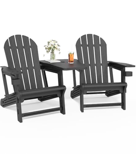 Orbotots Adirondack Chair Set of 2, All Weather HDPE Adirondack Chair with Double Connecting Trays, Plastic Adirondack Chairs for Balcony, Deck, Patio, Backyard, Garden, Black