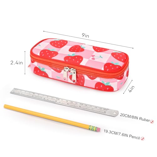 Image of mibasies Girls Pencil Case for Kids, Multi-Slot Pencil Pouch, Strawberry Checkerboard Red
