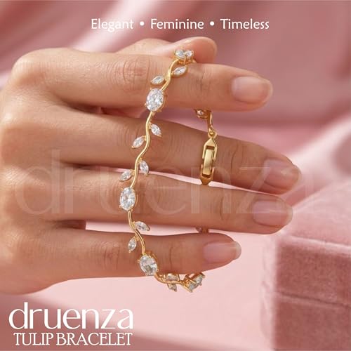 Image of druenza Tulip Bracelet for Women Stylish | Gold Plated Floral Crystal Jewellery | Elegant Adjustable Chain Bracelet for Girls Stylish | Trendy Daily Wear Party Jewelry Gift for Women & Girls