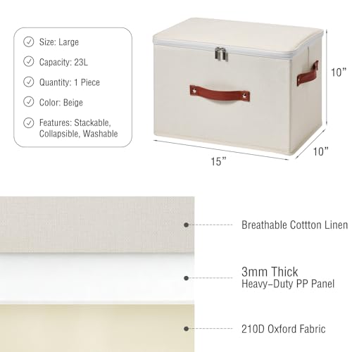 Image of Storage Bin Box with Zippered Lid Cotton Linen Fabric Decorative Basket with PU Leather Handles PP Plastic Board Foldable Lidded Clothing Shelf Closet Organizer Container (Beige, Large)