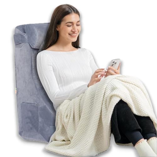 Grin Health Upgraded Wedge Pillow with Headrest – Memory Foam & HR Foam for Back Support/Leg Elevation/Sitting/Reading/Relaxing/Pregnancy Bed Wedge Cushion (25x20x12 inche)