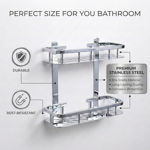 Image of EVANEX Double Layer Bathroom Shelf| 5x12 Inch Bathroom Shelf Organiser Racks| 304 Stainless Steel Wall Mount 2 Layer Multipurpose Storage Organizer for Toiletries and Bathroom Accessories