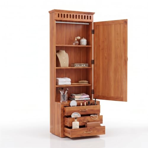 Image of SONA ART & CRAFTS Solid Sheesham Wood Dressing Table with Storage Mirror & 3 Drawers, & 1 Door Storage for Living Room Bedroom Wooden Make Up Vanities Dresser for Bedroom Home (Natural Finish)