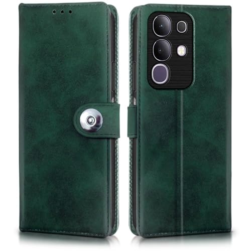 Image of WOW IMAGINE Shock Proof Flip Cover Back Case for Vivo T4x 5G | iQoo Z10x 5G | Vivo Y31 Pro 5G (Magnetic Button Flip Case | Wallet Pockets & Stand | Leather Finish | Forest Green)
