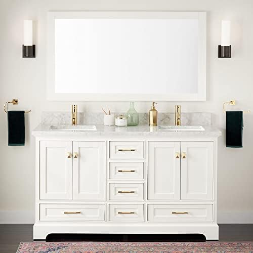 Signature Hardware 480743 Quen 60" Free Standing Double Vanity Set with Wood Cabinet, Vanity Top and Rectangular Undermount Vitreous China Sink - Single Faucet Hole - Soft White/Carrara Marble