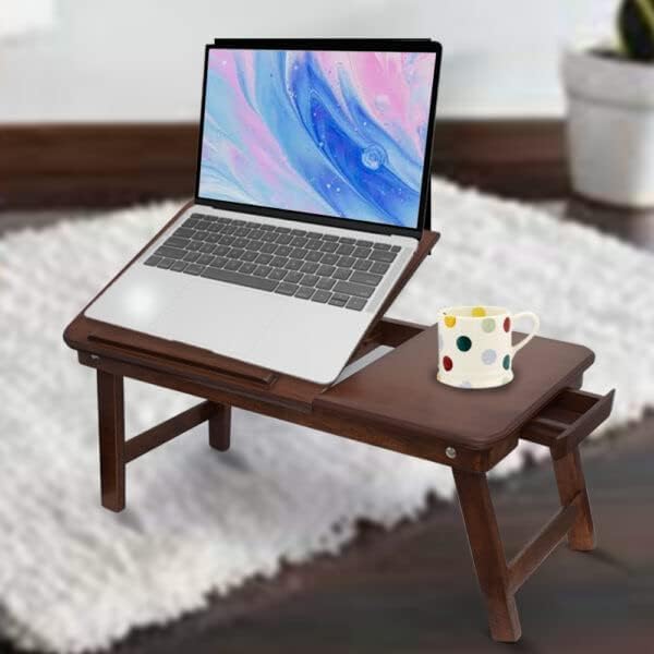 Image of VASIL MART A Versatile Laptop Table or lapdesk with a Spacious Working Area for Home That is Made of Solid Mango Wood and is Adjustable Foldable, with Phone and Tablet Holder (Dark- Brown)