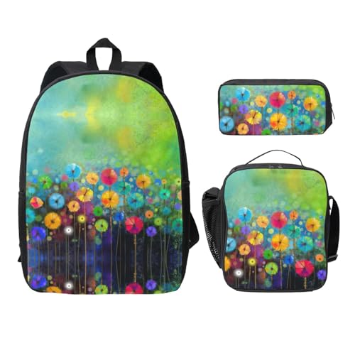 Sac à dos d'école fleurs abstraites 3 pièces avec boîte à déjeuner et trousse noire