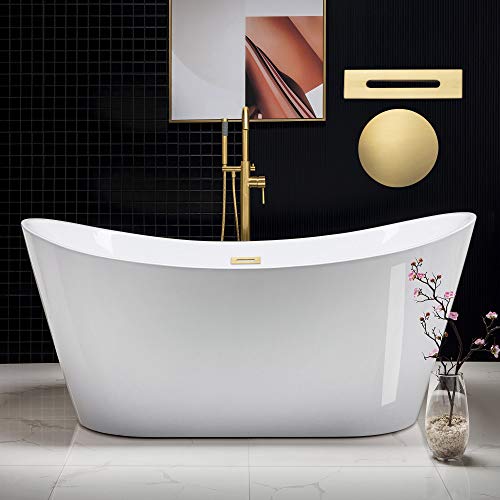 WOODBRIDGE 67' Acrylic Freestanding Bathtub Contemporary Soaking White Tub with Brushed Gold...
