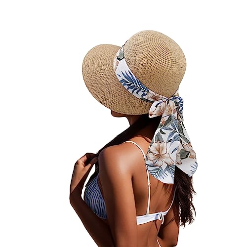 Generisch 2025 Sombrero de paja ancho de verano para mujer, sombreros de sol plegables para la playa, gorro de sol con volantes, sombrero para el sol, caqui, talla única