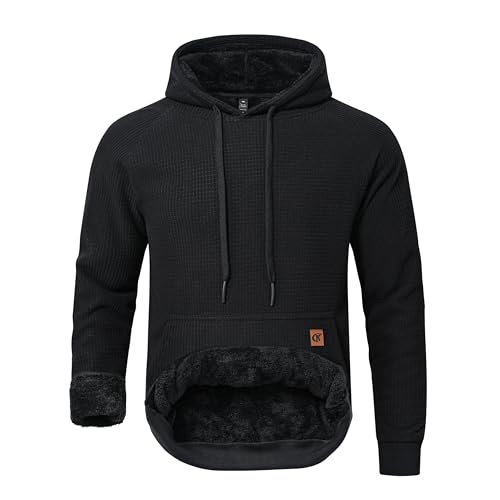 YuKaiChen Herren Fleece Hoodie Dicker Pullover Sherpa Gefüttert Waffel Außenstoff Winter Warmer Sweatshirt mit Känguru Tasche Schwarz Groß