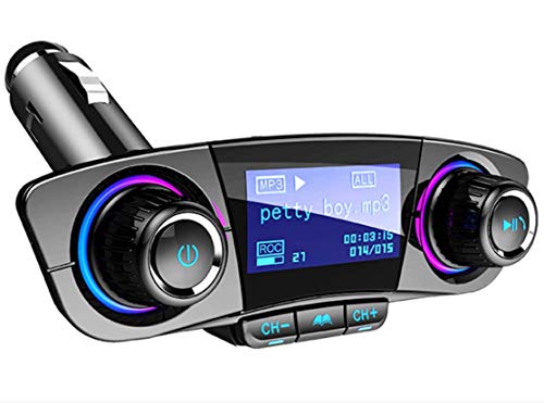 QAE Bluetooth FM Transmitter Car MP3 Player Hands-Free Car Kit Wireless Radio Audio Adapter with Dual USB 5V 2.1A USB Port, U Disk, TF Card, Folder Playback, AUX Input Output, Voice Navigation