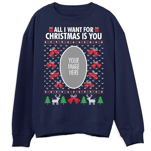 Personalized All I Want For Christmas Sweater for Adults Festive Custom Christmas Sweatshirt Ugly Xmas Jumper for Men Women, S, Navy