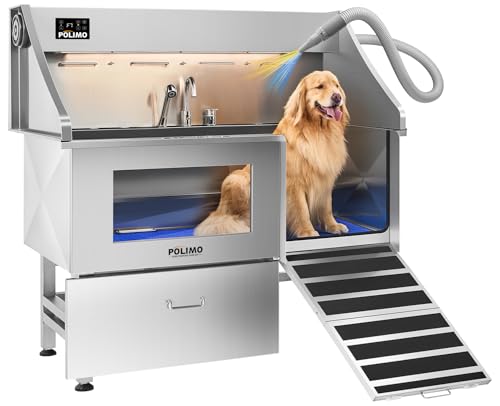 polimo Dog Wash Station with Pet Dryer & LED, Professional Dog Bathing Station for Large, Medium & Small Dogs – with Window, Ramp, Drawer, Floor Grate, LED Display & Faucet (Right RAMP & Dryer, 61