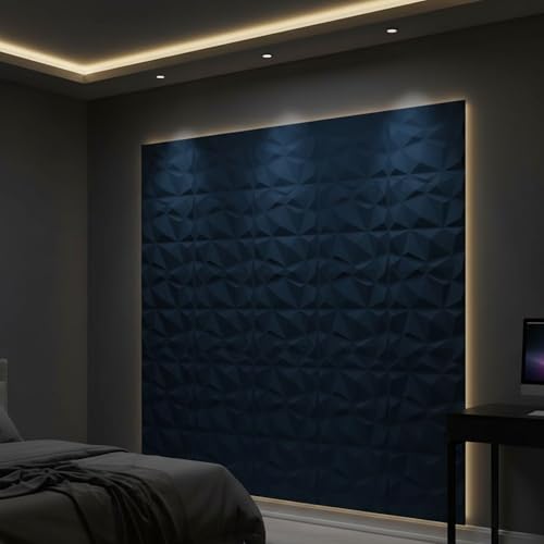 Image of Kayra Decor Wall Panels for Bedroom - PVC Diamond Design, Navy Blue Color 19.7 inch X 19.7 inch (Pack of 18) - Covers 48.51 Sq. Ft.